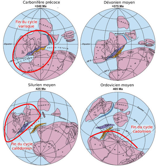 Cartes paléogéographiques des trois grands cycles orogéniques du Protérozoïque et du Paléozoïque