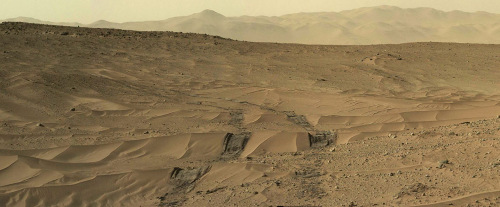Mosaïque artisanale montrant un paysage caractéristique des régions traversées par Curiosity en juin, juillet et août 2014 (ici le sol 673, 28 juin 2014)