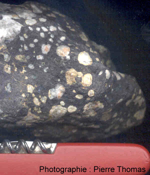 Basalte triasique (spilite) dont les vacuoles sont remplies de calcite (haute vallée du Drac, Hautes-Alpes)
