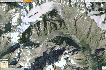 Massif des Écrins, Glacier Blanc et Glacier Noir, vue aérienne
