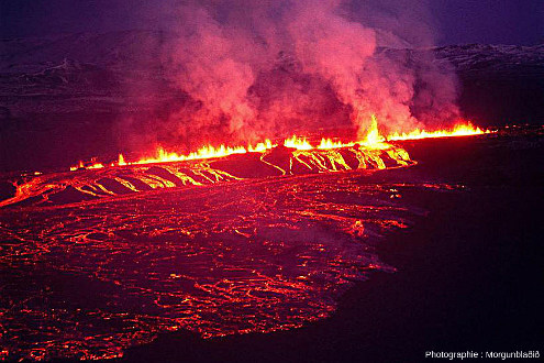 Photographie historique prise en 1977 montrant le caractère très souvent fissural de l'éruption du Krafla lors des « nouveaux feux du Mývatn » (Islande)