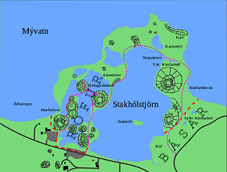 Plan des pseudocratères du site de Skútustaðir, sur la rive Est du lac Mývatn (Islande)
