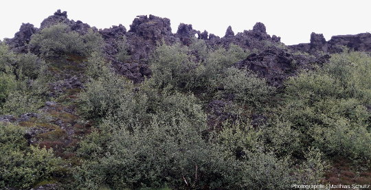 Le site de Dimmuborgir (« les châteaux sombres »), non loin de la rive Est du lac Mývatn (Islande)