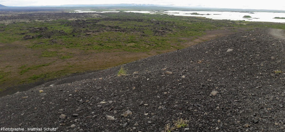 Le site de Dimmuborgir, dans l'Est du lac Mývatn, vu depuis le cône de scories Hverfjall (Islande)