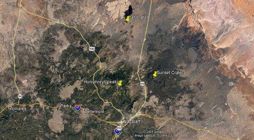 Vue satellite du San Francisco Volcanic Field au Nord de Flagstaff (Arizona, États-Unis d'Amérique)