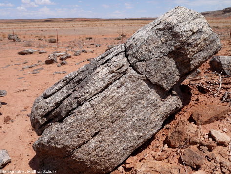 Vue rapprochée de blocs issus du démantèlement d'un diatrème de brèches magmatiques (et potentiellement également d'éjectas en surface), à proximité du village de Mexican Water, Arizona