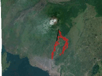 Animation montrant la coulée de lave et des images satellite nappées sur la topographie, Nyiragongo (Rép. dém. Congo)