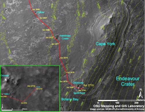 Carte détaillée du secteur de Botany Bay / Cape York, secteur du bord O-NO du cratère Endeavour où est arrivé Opportunity