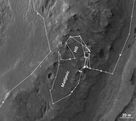 Zoom sur la carte de la figure précédente montrant le trajet effectué par Opportunity entre mi-septembre 2012 et mi-mai 2013 autour de Matijevic Hill
