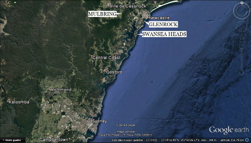 Localisation des sites de Mulbring, Swansea Heads et Glenrock, près de Newcastle (Australie)