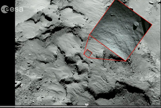Position de la zone d'atterrissage photographiée par Philae depuis 40 m d'altitude sur une photo à plus grand champ prise par Rosetta depuis 30 km d'altitude