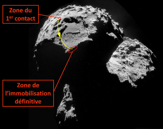 Positions de la zone du premier contact et de la zone d'immobilisation définitive de Philae près d'Hatmehit sur ma comète Chury