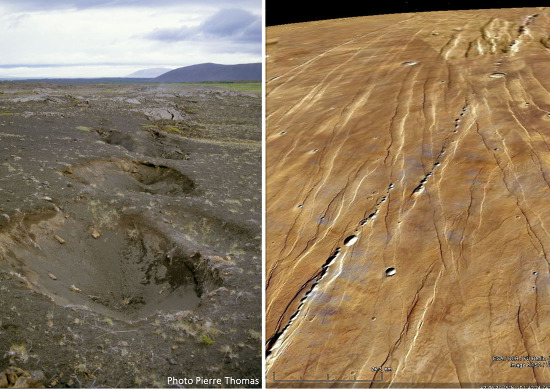 Exemples terrestre et martien de "puits" alignés n'étant pas dus aux impacts d'une météorite fragmentée (catena)