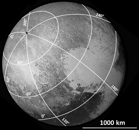 Report (approximatif) du système de coordonnées sur la moitié du globe de Pluton éclairée lors du survol du 14 juillet 2015