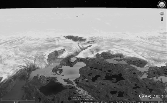 Des glaciers de la côte Ouest du Groenland, analogie morphologique avec les figures d'écoulement du Nord-Ouest de Sputnik Planum
