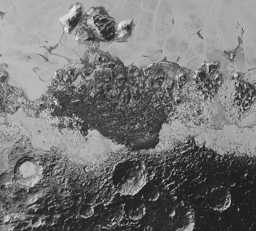 Région de 350 km de large illustrant la grande variété des terrains entourant Spuntik Planum, Pluton
