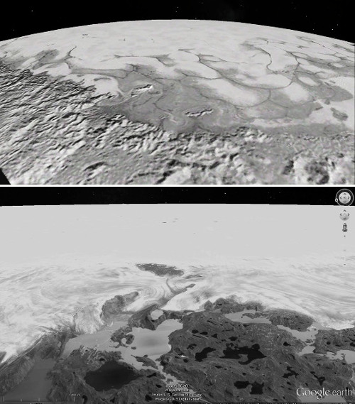 Vue rasante (prise en direction du Sud) de la limite Nord de Sputnik Planitia et comparaison avec des glaciers terrestres