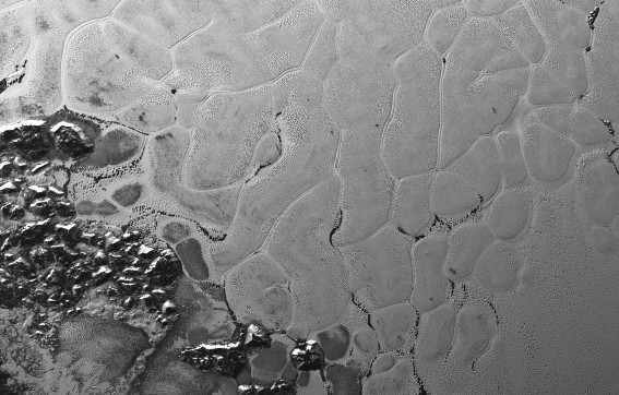 Réseau de cellules polygonales affectant la surface de Sputnik Planitia, Pluton