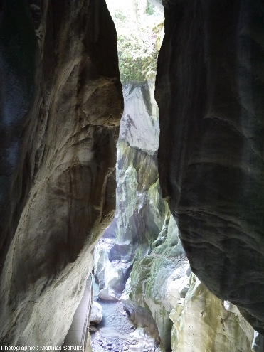 Les Gorges du Pont du Diable, brève et étroite entaille verticale creusée par l'eau dans les calcaires massifs du Jurassique supérieur (Malm) du Chablais