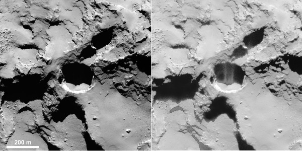 Jet sortant d'un puits, sauf artefact, à la surface de la comète 67P/Churyumov-Gerasimenko