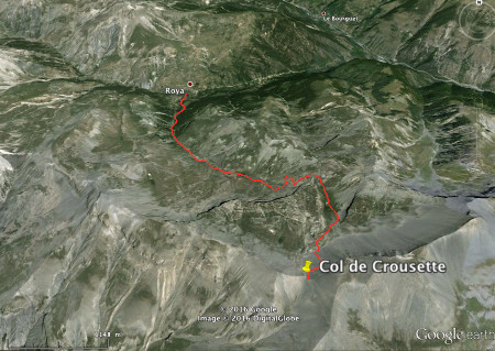 Itinéraire Roya - col de Crousette (Alpes-Maritimes) sur fond d'image satellite