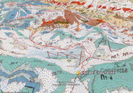Itinéraire Roya - col de Crousette (Alpes-Maritimes) sur fond géologique