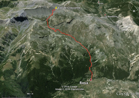 Itinéraire Roya - col de Crousette (Alpes-Maritimes) sur fond d'image satellite