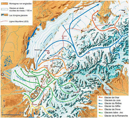 Carte de reconstitution des flux glaciaires dans les Alpes du Nord au “maximum würmien”