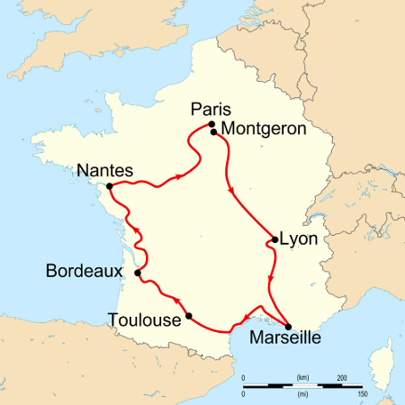 Carte des étapes des premiers Tour de France de 1903 et 1904