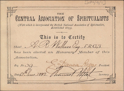 Certificat d'adhésion de Wallace à la Société spirite britannique (Central Association of Spiritualists), daté de 1882
