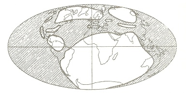 Répartition de l'eau (parties hachurées) et des continents au Carbonifère, selon les représentations habituelles