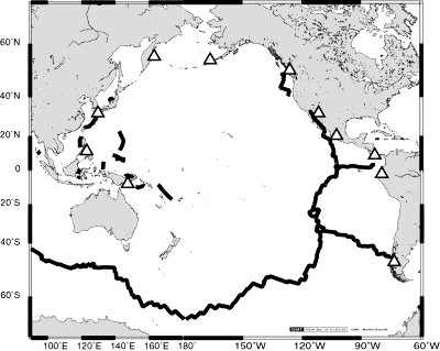 Localisation des adakites (triangles blancs) dans la ceinture péri-Pacifique