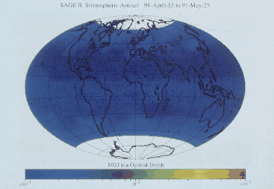 Carte SAGE II de mesure de l'épaisseur optique de l'atmosphère entre le 15 avril et le 25 mai 1991, à un micromètre de longueur d'onde.