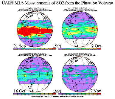 Mesures satellitaires dans la haute atmosphère (22 km d'altitude) de la dispersion du dioxyde de soufre provenant du Pinatubo (21 septembre, 2 octobre, 16 octobre et 17 novembre 1991).