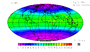 Image satellitale visualisant par une échelle de couleur (unités arbitraires) la densité du rayonnement ultraviolet reçu au sol