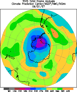 Évolution de la couche d'ozone du 01 septembre 1997 au 18 octobre 1997