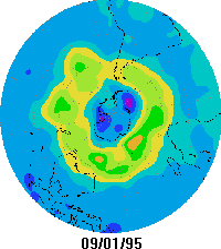 Évolution de la couche d'ozone du 01 septembre 1995 au 08 décembre 1995