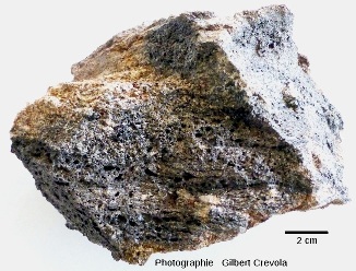 Échantillon de gneiss montrant des lits de verre bulleux disposés parallèlement au litage de la roche