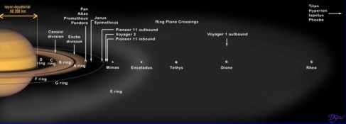 Schéma à l'échelle montrant la position relative de tous les anneaux et des satellites de Saturne (jusqu'à l'orbite de Rhéa)
