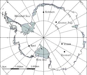 Carte de localisation des forages antarctiques.