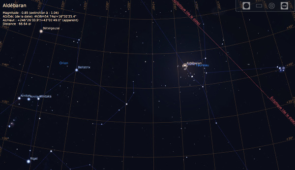 Le ciel du soir du 5 février 2017, vu en direction des constellations d'Orion et du Taureau, où se trouve la Lune, peu avant le début de l'occultation d'Aldébaran