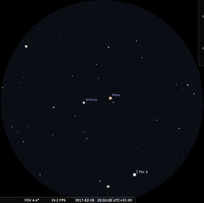 Mars et Uranus vues dans le champ de jumelles 15x, le 26 février 2017 vers 20h