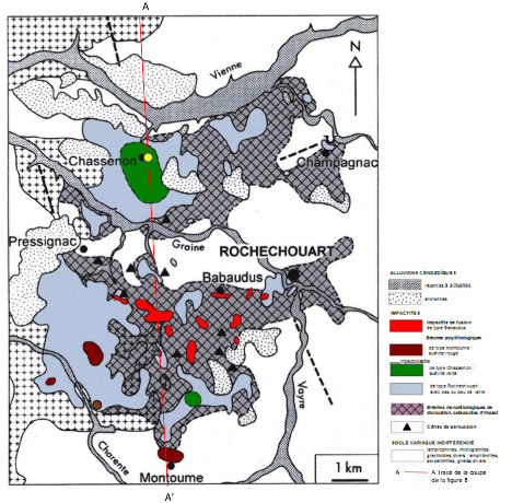 Carte géologique simplifiée de l'astroblème de Rochechouart‒Chassenon