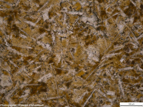 Matrice d'une "brèche" de type Babaudus constituée de microlites d'orthose sertis dans un assemblage de verre jaunâtre, d'oxy-hydroxydes de fer de teinte brun rouille, et de microphyllites à forte biréfringence, à Valette - LPNA
