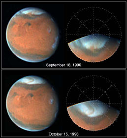 Photos de la surface de Io prises par la sonde Galiléo le 13 Août 1996 Images de la surface de Mars prises par le télescope spatial Hubble les 18 Septembre et 15 Octobre 1996