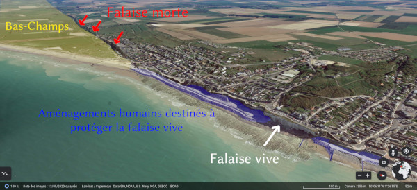 Vue satellitaire interprétée de la fin de la falaise vive au niveau du Nord de la ville d'Ault