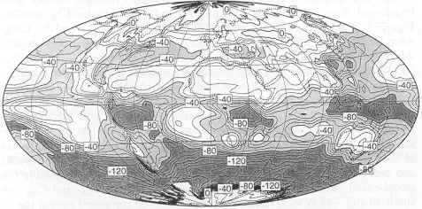 Forçage radiatif (généralement négatif) aux courtes longueurs d'ondes induit par la couverture nuageuse lors de l'hiver dans l'hémisphère Nord (d'après D.Hartmann)