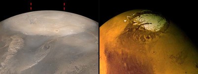Vues obliques (même échelle et orientation voisine) de la région du pôle Nord de Mars