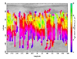 Carte de la teneur de l'atmosphère martienne en vapeur d'eau pendant l'été boréal (= hiver austral)