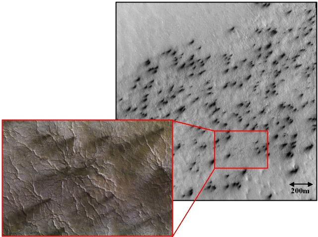 Calotte polaire Sud de Mars : relations entre sillons « en araignées » et taches en éventail